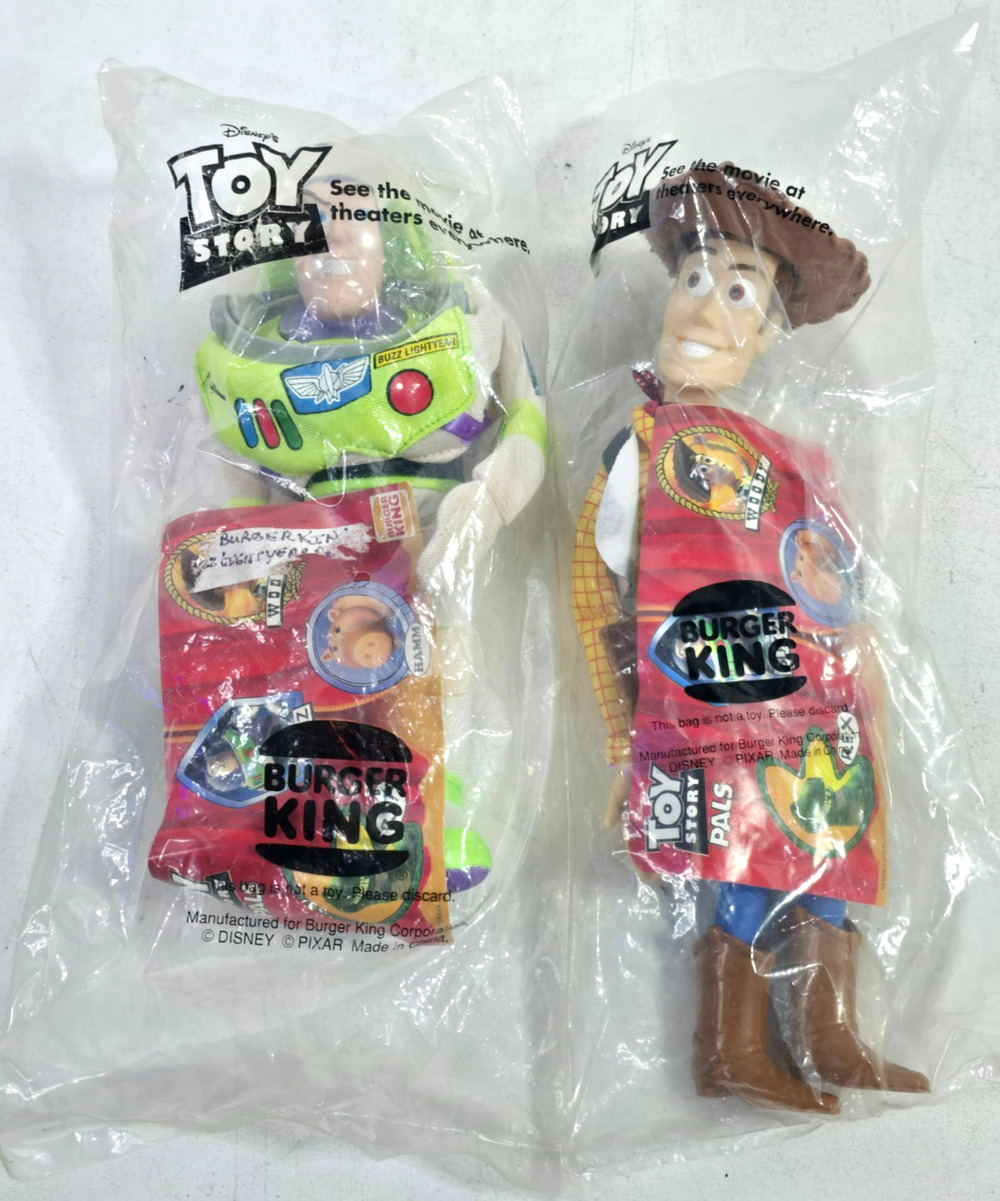 1995 Burger King Toy Story Woody Buzz Lightyear 11" Figures Sealed Bags Disney